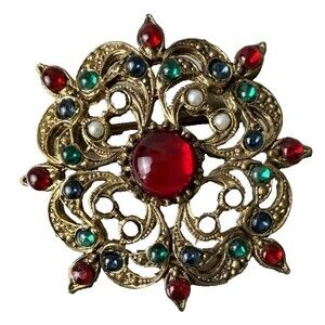 VTG Ornate Gripoix Style Jewel Tone Brooch Coro? Cabochon & Faux Pearl Gold Tone